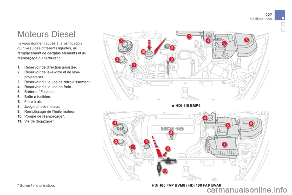 CITROEN DS5 2013  Notices Demploi (in French) 227Vér if ic ations
  Ils vous donnent accès à la vérification
du niveau des di
fférents liquides, au
remplacement de certains éléments et au
réamorçage du carburant.
   
*   Suivant motorisa
