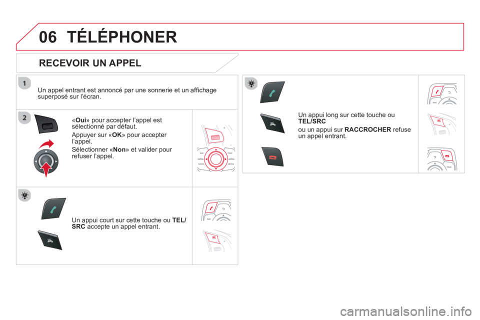 CITROEN DS5 2013 Notices Demploi (in French) 06
SR
C
SR
C
TÉLÉPHONER
RECEVOIR UN APPEL
Un appel entrant est annoncé par une sonnerie et un affi chage superposé sur l’écran.
«Oui» pour accepter l’appel est
sélectionné par CITROEN DS5 2013 Notices Demploi (in French) 06
SR
C
SR
C
TÉLÉPHONER
RECEVOIR UN APPEL
Un appel entrant est annoncé par une sonnerie et un affi chage superposé sur l’écran.
«Oui» pour accepter l’appel est
sélectionné par