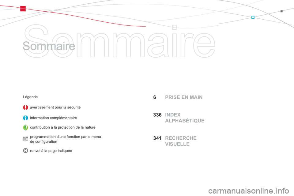 CITROEN DS5 2013  Notices Demploi (in French)   Sommaire 
   
Sommaire  
6  PRISE EN MAIN
33
6  INDEX 
ALPHABÉTIQUE
34
1  RECHERCHE 
VISUELLE
Légende 
avertissement 
pour la sécurité
information complémentaire
contribution à la protection d