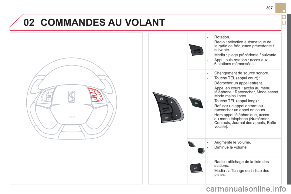 CITROEN DS5 2013 Notices Demploi (in French) 02
SRC
+
-
307
COMMANDES AU VOLANT
- Rotation.
Radio : s
élection automatique de
la radio de fréquence précédente / suivante.
Media : pla
ge précédent CITROEN DS5 2013 Notices Demploi (in French) 02
SRC
+
-
307
COMMANDES AU VOLANT
- Rotation.
Radio : s
élection automatique de
la radio de fréquence précédente / suivante.
Media : pla
ge précédent