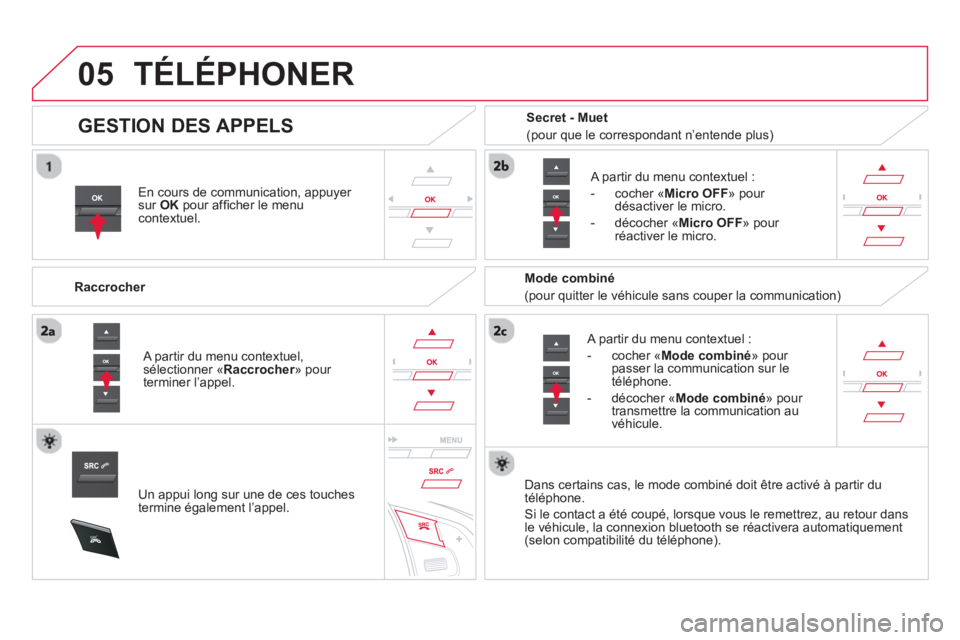 CITROEN DS5 2013 Notices Demploi (in French)
05
SRC
TÉLÉPHONER
En cours de communication, appuyer sur OKpour affi cher le menucontextuel.
Raccroche
r
A partir du menu contextuel :
-
cocher « Mode combiné» pour
passer la CITROEN DS5 2013 Notices Demploi (in French)
05
SRC
TÉLÉPHONER
En cours de communication, appuyer sur OKpour affi cher le menucontextuel.
Raccroche
r
A partir du menu contextuel :
-
cocher « Mode combiné» pour
passer la