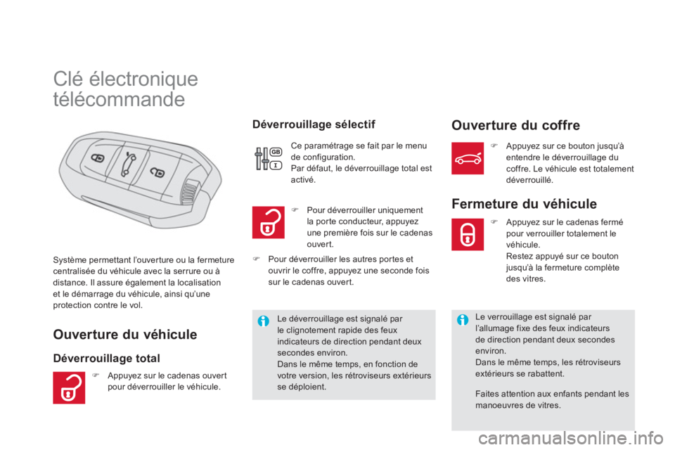 CITROEN DS5 2013 Notices Demploi (in French)
Clé électronique
télécommande
Ouverture du véhicule
Déverrouillage total
Déverrouilla
ge sélectif Ouverture du coffre
Système permettant l’ouvert CITROEN DS5 2013 Notices Demploi (in French)
Clé électronique
télécommande
Ouverture du véhicule
Déverrouillage total
Déverrouilla
ge sélectif Ouverture du coffre
Système permettant l’ouvert
