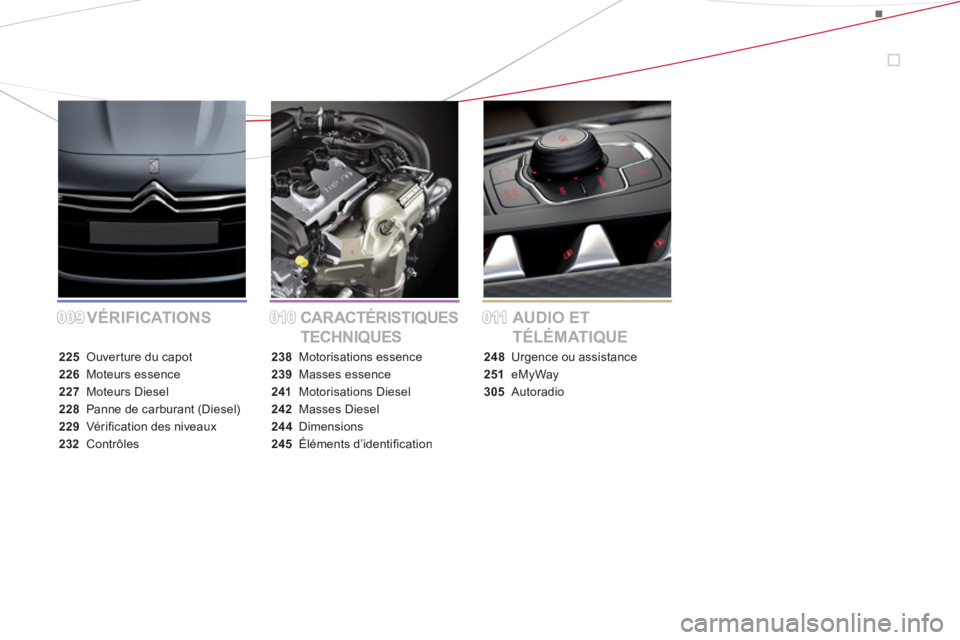 CITROEN DS5 2013  Notices Demploi (in French) 009009010010011011VÉRIFICATIONS CARACTÉRISTIQUES 
TECHNIQUESAUDIO ET 
TÉLÉMATIQUE
225 Ouverture du capot
226 Moteurs essence
227 Moteurs Diesel
228Panne de carburant (Diesel)
229Vériﬁ cation de