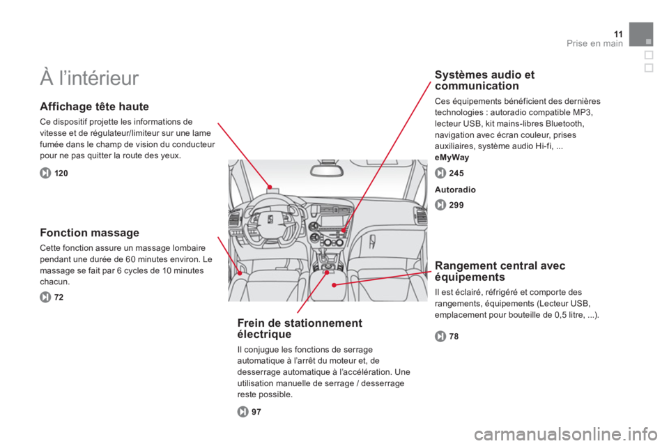 CITROEN DS5 2012  Notices Demploi (in French) 11Prise en main
  À l’intérieur  
 
 
Affichage tête haute
 
Ce dispositif projette les informations de
vitesse et de régulateur/limiteur sur une lame
fumée dans le champ de vision du conducteu