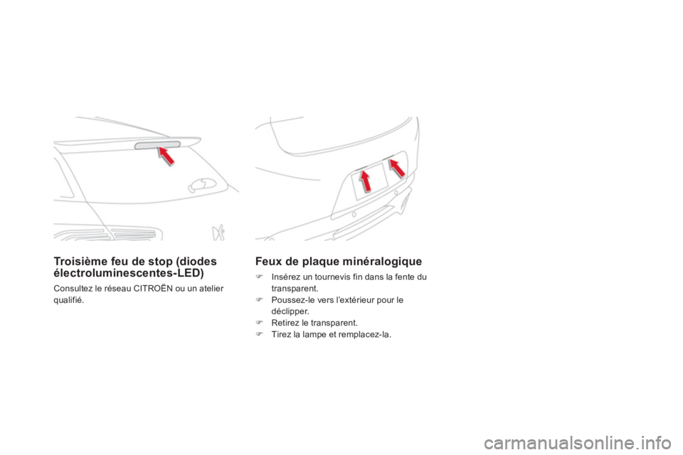 CITROEN DS5 2012  Notices Demploi (in French) Feux de plaque minéralogique
�)   Insérez un tournevis fin dans la fente du transparent. �) 
  Poussez-le vers l’extérieur pour le
déclipper.
�)   Retirez le transparent. �) 
 Tirez la lampe et 