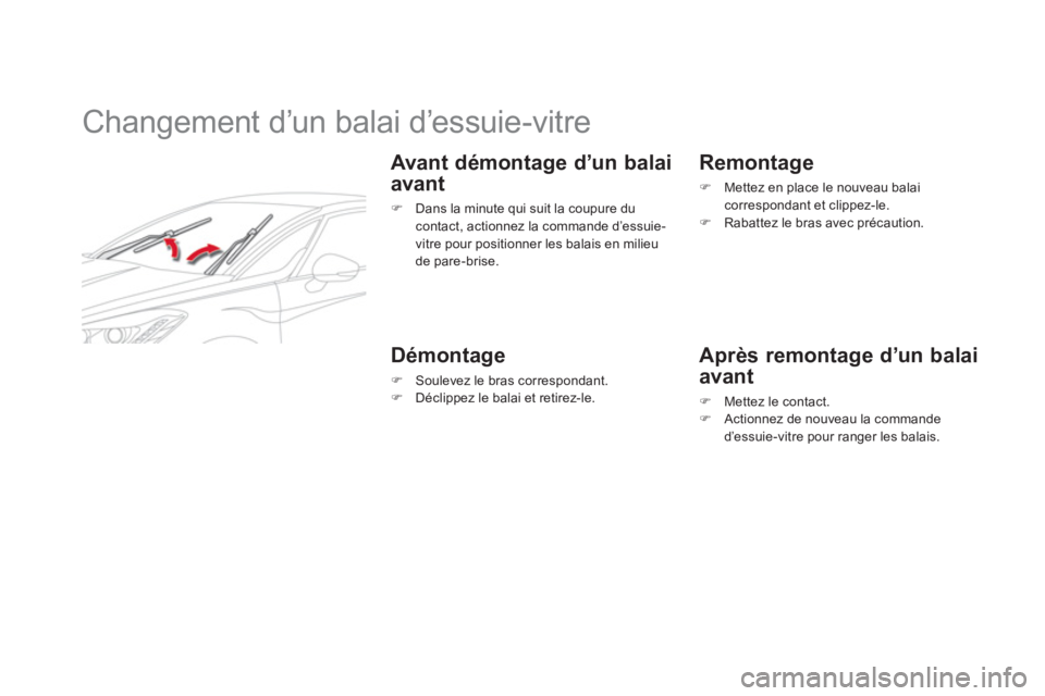 CITROEN DS5 2012  Notices Demploi (in French)    
 
 
 
 
 
 
 
Changement d’un balai d’essuie-vitre 
 
 
Avant démontage d’un balai 
avant
�) 
  Dans la minute qui suit la coupure du contact, actionnez la commande d’essuie-
vitre pour p