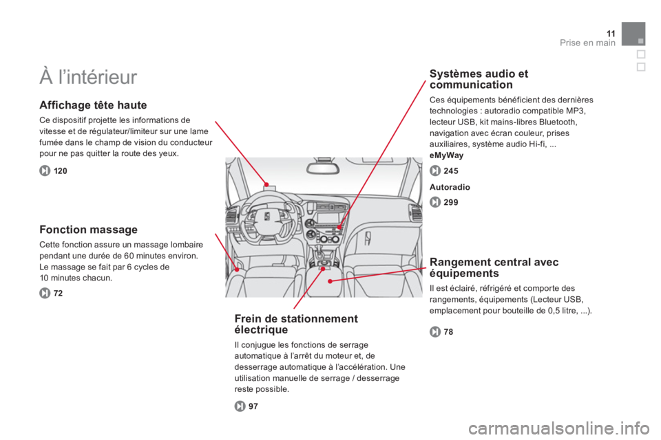 CITROEN DS5 2011  Notices Demploi (in French) 11Prise en main
  À l’intérieur  
 
 
Afﬁ chage tête haute
 
Ce dispositif projette les informations de
vitesse et de régulateur/limiteur sur une lame
fumée dans le champ de vision du conduct