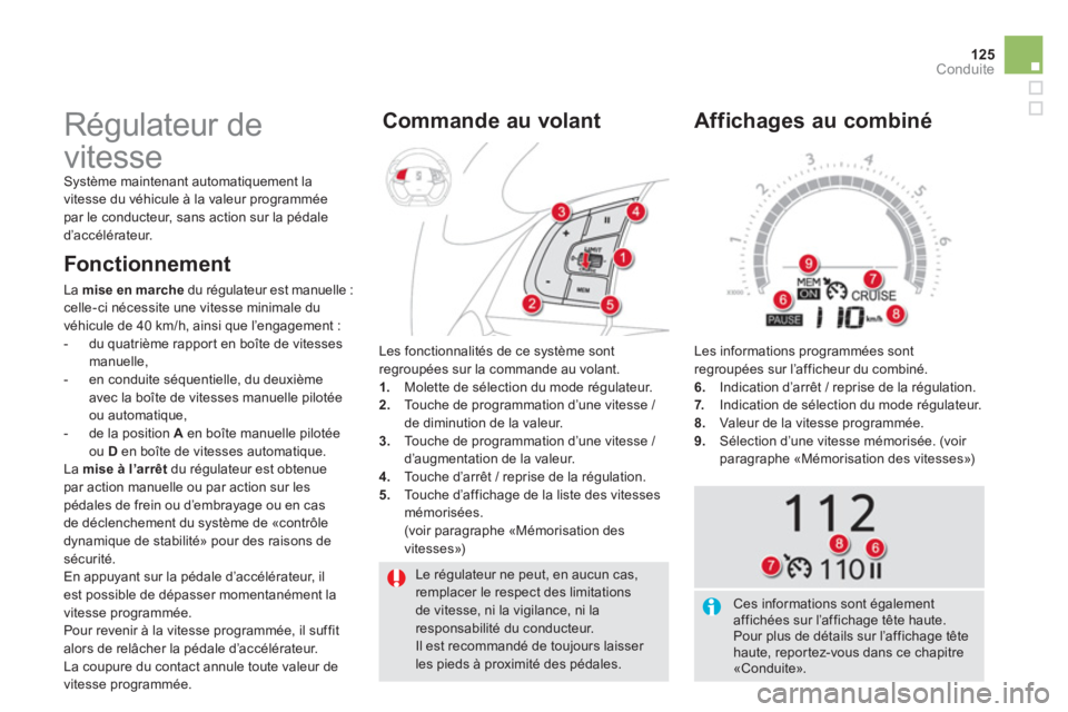 CITROEN DS5 2011  Notices Demploi (in French) 125
Conduite
  Le régulateur ne peut, en aucun cas, remplacer le respect des limitations de vitesse, ni la vigilance, ni la responsabilité du conducteur. 
Il est recommandé de toujours laisser les 