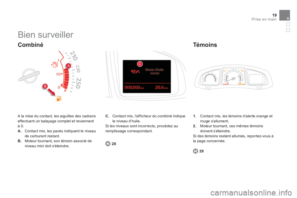 CITROEN DS5 2011  Notices Demploi (in French) 19Prise en main
  Bien surveiller 
 A la mise du contact, les aiguilles des cadrans effectuent un balayage complet et reviennentà 0. 
A.Contact mis, les pavés indiquent le niveau de carburant restan