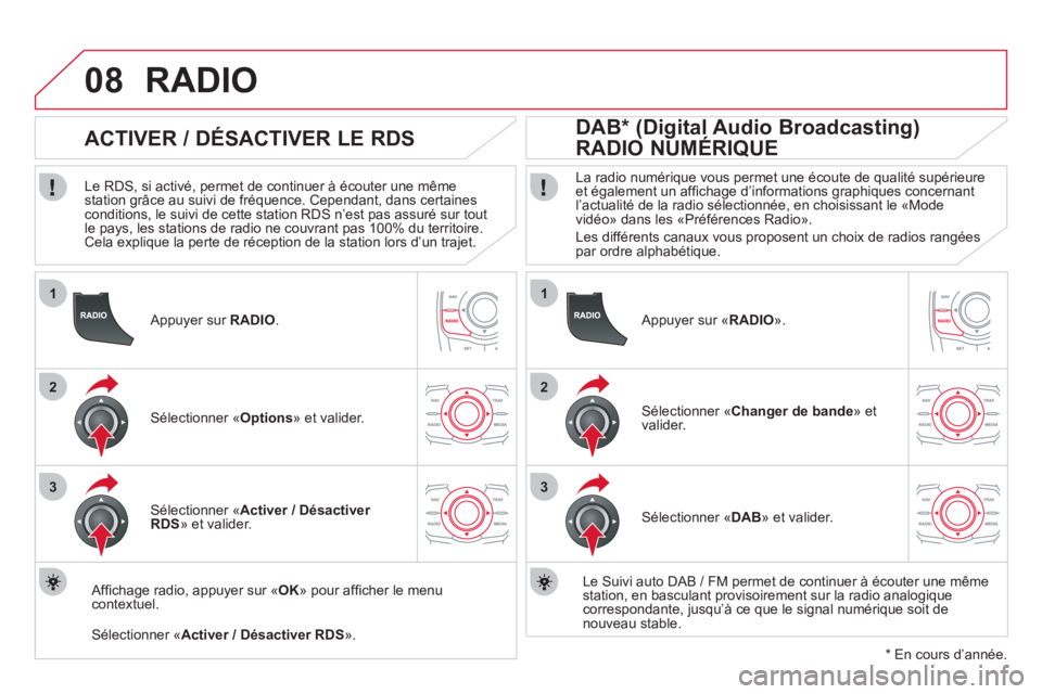 CITROEN DS5 2011  Notices Demploi (in French) 1
2
3
08
1
2
3
   Appuyer sur  RADIO.
 
 
 
 
 
 
 
ACTIVER / DÉSACTIVER LE RDS 
 
 
Le RDS, si activé, permet de continuer à écouter une même station grâce au suivi de fréquence. Cependant, da