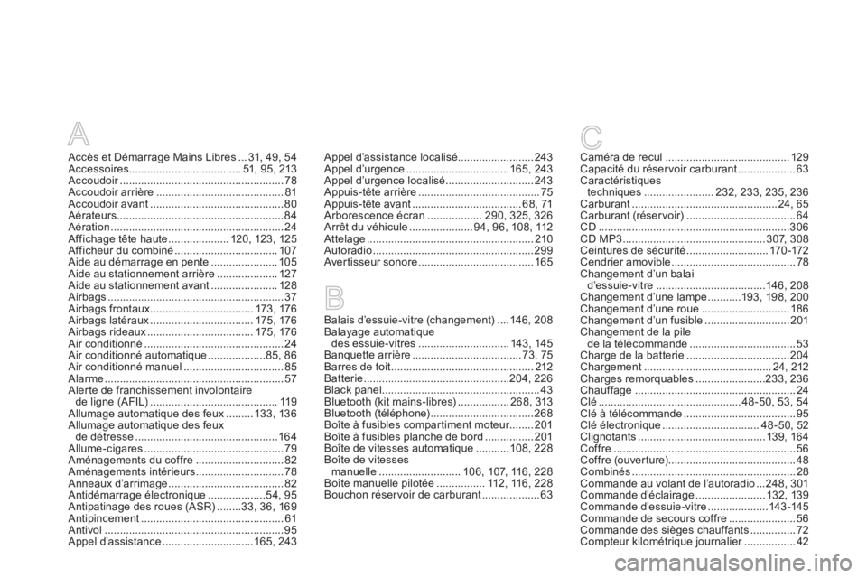 CITROEN DS5 2011  Notices Demploi (in French) A
Accès et Démarrage Mains Libres...31, 49, 54Accessoires.....................................51, 95, 213Accoudoir......................................................r78Accoudoir arrière ........