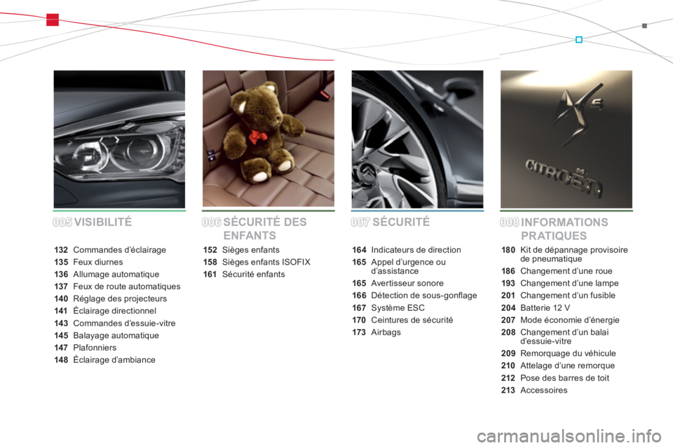 CITROEN DS5 2011  Notices Demploi (in French) 005005006006007007008008SÉCURITÉ
INFORMATIONS 
PR ATIQUES SÉCURITÉ DES 
ENFANTS VISIBILITÉ
132 Commandes d’éclairage
135Feux diurnes
136Allumage automatique
137Feux de route automatiques
140R�