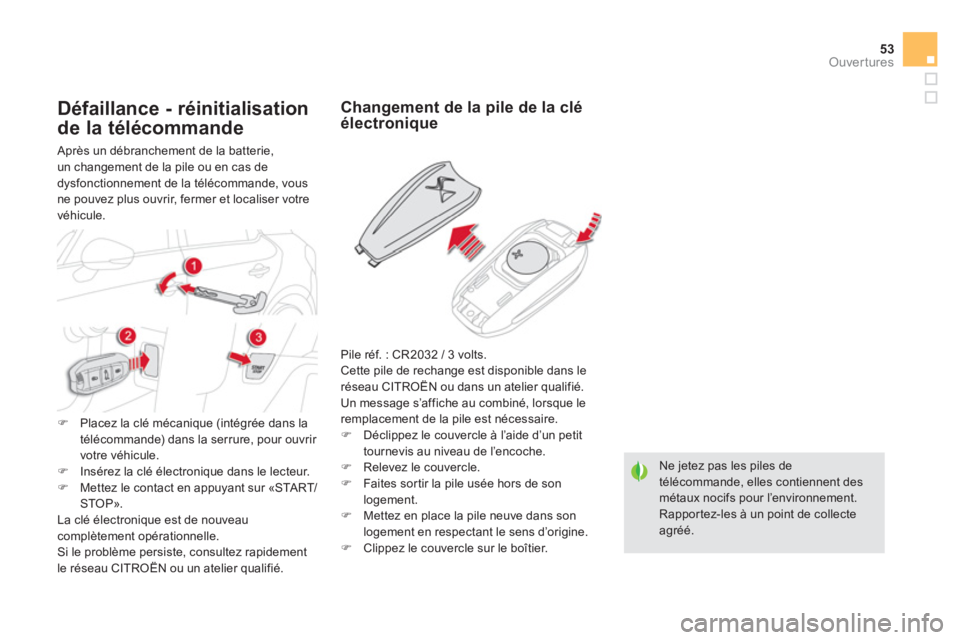 CITROEN DS5 2011  Notices Demploi (in French) 53Ouvertures
Ne jetez pas les piles detélécommande, elles contiennent des métaux nocifs pour l’environnement.   Rappor tez-les à un point de collecteagréé. 
Changement de la pile de la cléél