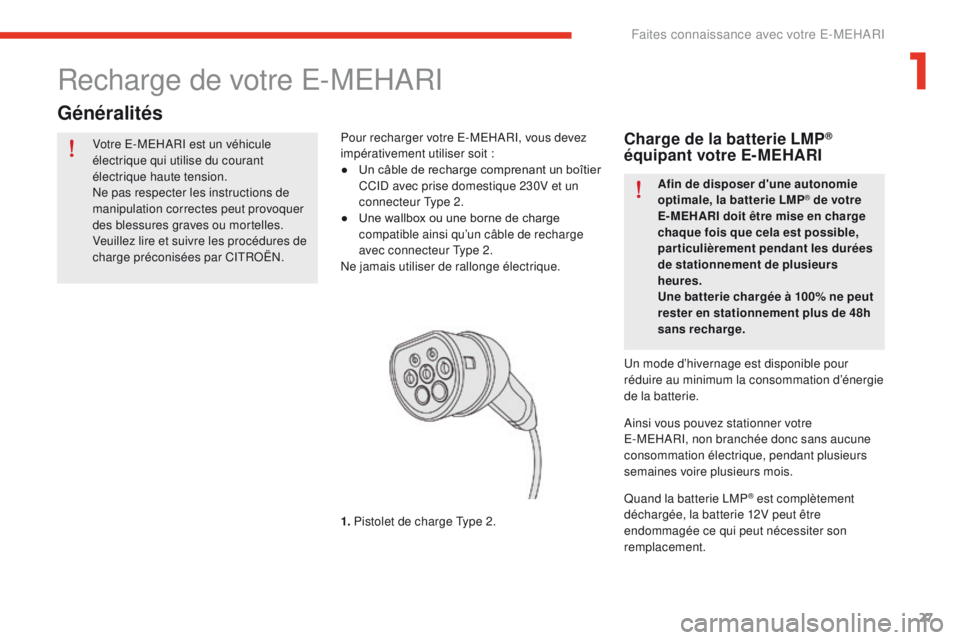 CITROEN E-MEHARI 2017 Notices Demploi (in French) 27
Votre E-MEHARI est un véhicule
électrique qui utilise du courant
électrique haute tension.
Ne pas respecter les instructions de
manipulation correctes peut provoquer
des blessures graves ou CITROEN E-MEHARI 2017 Notices Demploi (in French) 27
Votre E-MEHARI est un véhicule
électrique qui utilise du courant
électrique haute tension.
Ne pas respecter les instructions de
manipulation correctes peut provoquer
des blessures graves ou