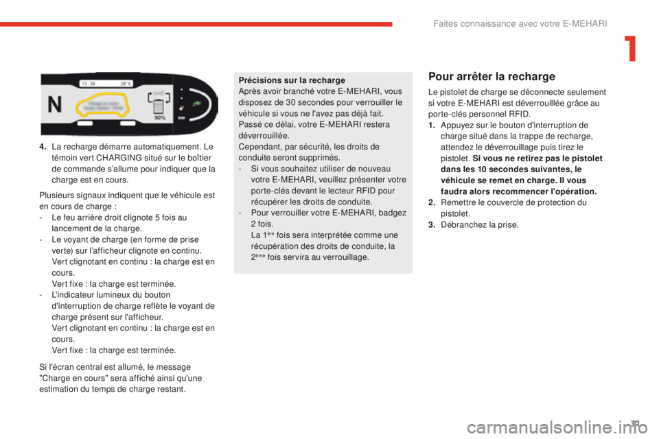 CITROEN E-MEHARI 2017  Notices Demploi (in French) 31
Précisions sur la recharge
Après avoir branché votre E-MEHARI, vous 
disposez de 30 secondes pour verrouiller le 
véhicule si vous ne l'avez pas déjà fait.
Passé ce délai, votre E-MEHAR