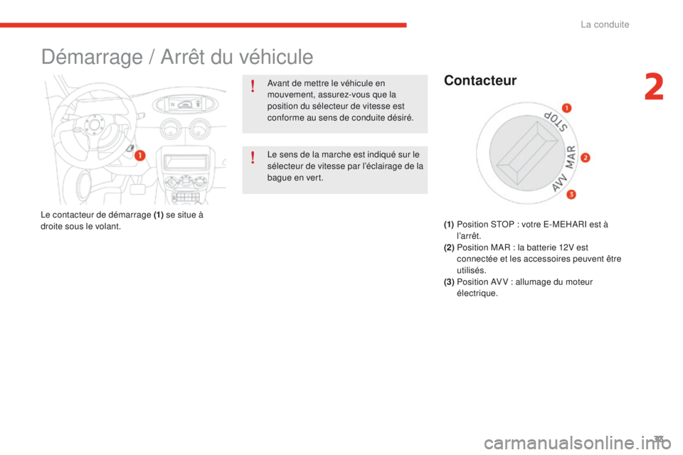 CITROEN E-MEHARI 2017  Notices Demploi (in French) 33
Démarrage / Arrêt du véhicule
Avant de mettre le véhicule en 
mouvement, assurez-vous que la 
position du sélecteur de vitesse est 
conforme au sens de conduite désiré.
Le sens de la marche 