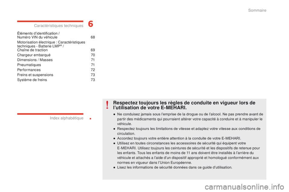 CITROEN E-MEHARI 2017  Notices Demploi (in French) .
Éléments d’identification /  
Numéro VIN du véhicule 6 8
Motorisation électrique
 

: Caractéristiques 
techniques - Batterie LMP
® /  
Chaîne de traction
 6 9
Chargeur embarqué
 7

0
Dim