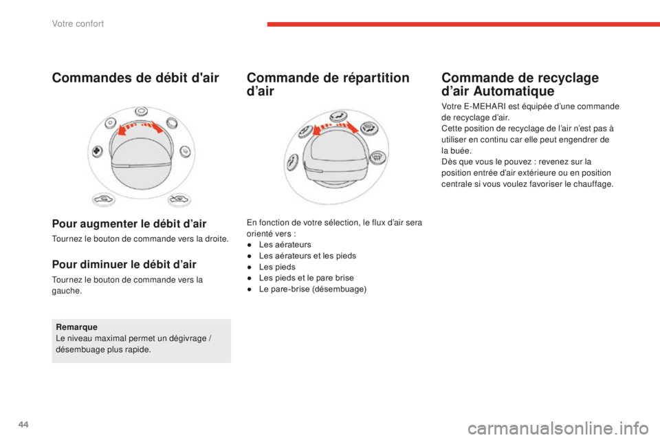 CITROEN E-MEHARI 2017 Notices Demploi (in French) 44
Commandes de débit d'air
Pour augmenter le débit d’air
Tournez le bouton de commande vers la droite.
Pour diminuer le débit d’air
Tournez le bouton de commande vers la
gauche.Remarque
L CITROEN E-MEHARI 2017 Notices Demploi (in French) 44
Commandes de débit d'air
Pour augmenter le débit d’air
Tournez le bouton de commande vers la droite.
Pour diminuer le débit d’air
Tournez le bouton de commande vers la
gauche.Remarque
L