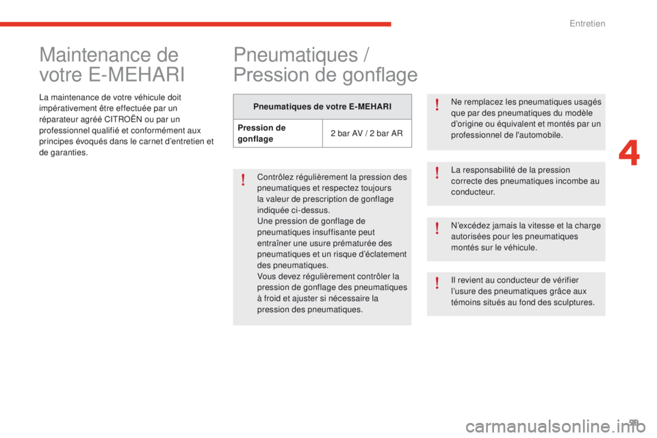CITROEN E-MEHARI 2017 Notices Demploi (in French) 59
Maintenance de
votre E-MEHARI
La maintenance de votre véhicule doit
impérativement être effectuée par un
réparateur agréé CITROËN ou par un
professionnel qualifié et conformément aux CITROEN E-MEHARI 2017 Notices Demploi (in French) 59
Maintenance de
votre E-MEHARI
La maintenance de votre véhicule doit
impérativement être effectuée par un
réparateur agréé CITROËN ou par un
professionnel qualifié et conformément aux