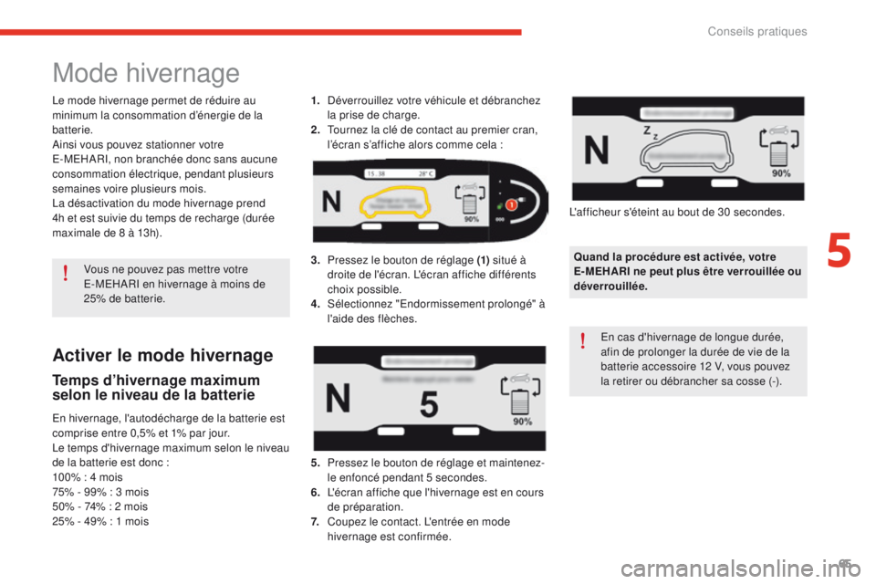 CITROEN E-MEHARI 2017 Notices Demploi (in French) 65
Activer le mode hivernage
Temps d’hivernage maximum
selon le niveau de la batterie
En hivernage, l'autodécharge de la batterie est
comprise entre 0,5% et 1% par jour.
Le temps d'hivern CITROEN E-MEHARI 2017 Notices Demploi (in French) 65
Activer le mode hivernage
Temps d’hivernage maximum
selon le niveau de la batterie
En hivernage, l'autodécharge de la batterie est
comprise entre 0,5% et 1% par jour.
Le temps d'hivern