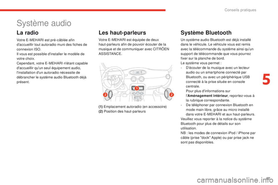 CITROEN E-MEHARI 2017  Notices Demploi (in French) 67
Système audio
La radio
Votre E-MEHARI est pré-câblée afin 
d’accueillir tout autoradio muni des fiches de 
connexion ISO.
Il vous est possible d'installer le modèle de 
votre choix.
Cepe
