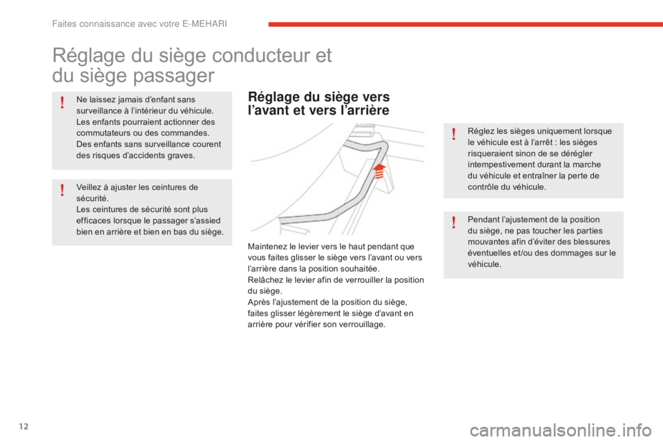 CITROEN E-MEHARI 2016 Notices Demploi (in French) 12
Réglage du siège conducteur et
du siège passager
Ne laissez jamais d’enfant sans
surveillance à l’intérieur du véhicule.
Les enfants pourraient actionner des
commutateurs ou des comma CITROEN E-MEHARI 2016 Notices Demploi (in French) 12
Réglage du siège conducteur et
du siège passager
Ne laissez jamais d’enfant sans
surveillance à l’intérieur du véhicule.
Les enfants pourraient actionner des
commutateurs ou des comma