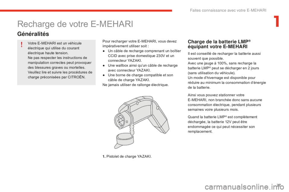 CITROEN E-MEHARI 2016 Notices Demploi (in French) 27
Votre E-MEHARI est un véhicule
électrique qui utilise du courant
électrique haute tension.
Ne pas respecter les instructions de
manipulation correctes peut provoquer
des blessures graves ou CITROEN E-MEHARI 2016 Notices Demploi (in French) 27
Votre E-MEHARI est un véhicule
électrique qui utilise du courant
électrique haute tension.
Ne pas respecter les instructions de
manipulation correctes peut provoquer
des blessures graves ou