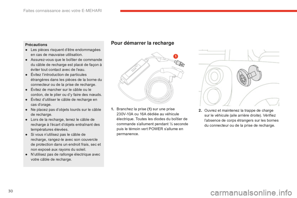 CITROEN E-MEHARI 2016  Notices Demploi (in French) 30
Précautions
● Les pièces risquent d’être endommagées 
en cas de mauvaise utilisation.
●
 As

surez-vous que le boîtier de commande 
du câble de recharge est placé de façon à 
éviter