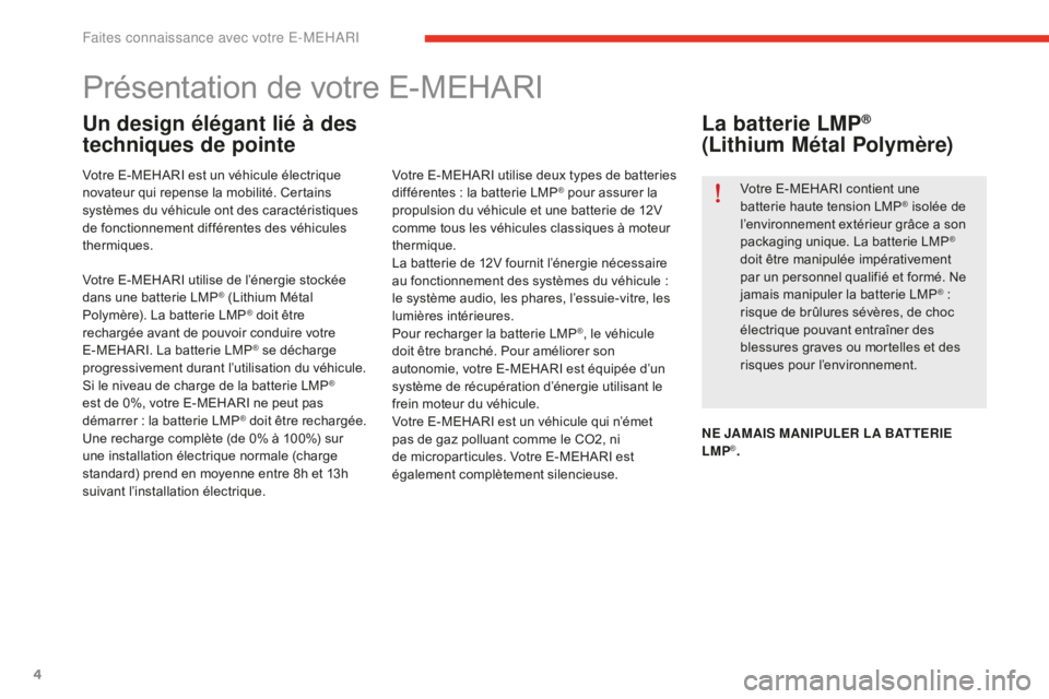 CITROEN E-MEHARI 2016  Notices Demploi (in French) 4
Présentation de votre E-MEHARI
Un design élégant lié à des 
techniques de pointe
Votre E-MEHARI est un véhicule électrique 
novateur qui repense la mobilité. Certains 
systèmes du véhicule