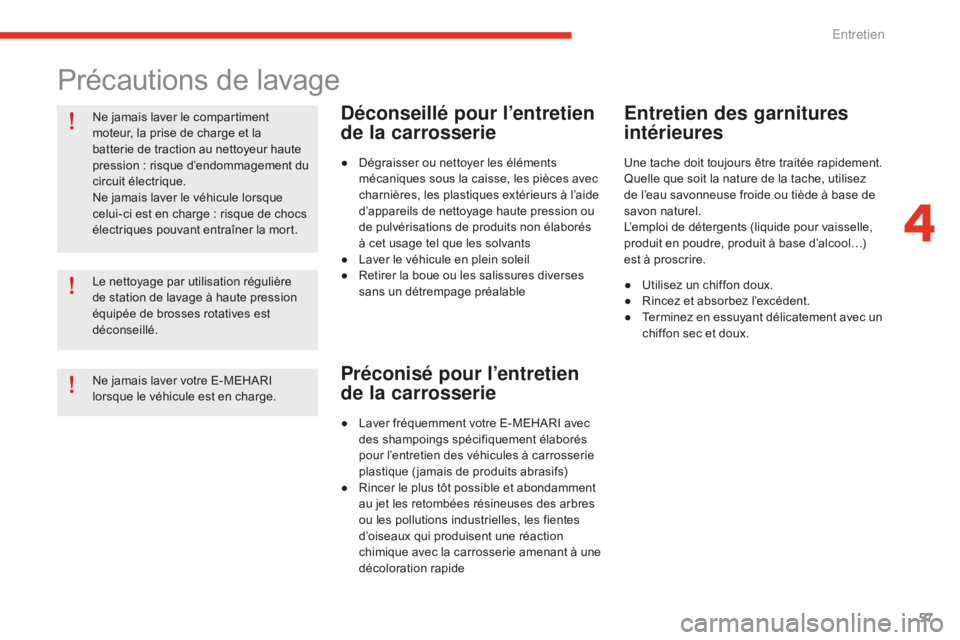 CITROEN E-MEHARI 2016 Notices Demploi (in French) 57
Ne jamais laver le compartiment
moteur, la prise de charge et la
batterie de traction au nettoyeur haute
pression
:
risque d’endommagement du
circuit électrique.
Ne jamais laver le véhicu CITROEN E-MEHARI 2016 Notices Demploi (in French) 57
Ne jamais laver le compartiment
moteur, la prise de charge et la
batterie de traction au nettoyeur haute
pression
:
risque d’endommagement du
circuit électrique.
Ne jamais laver le véhicu