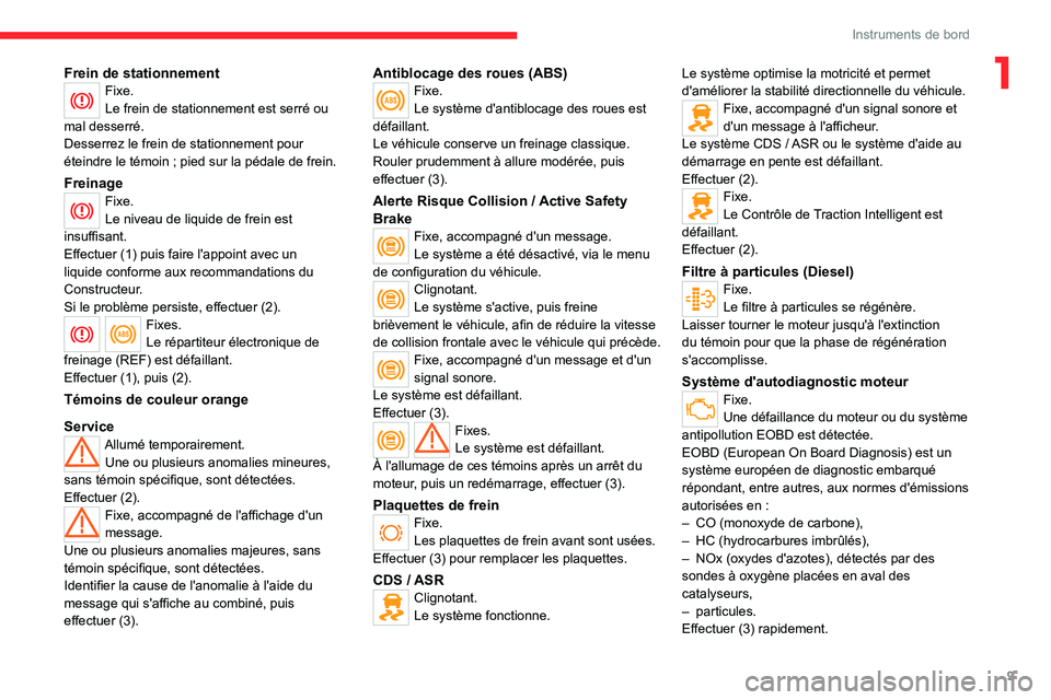 CITROEN JUMPER 2020  Notices Demploi (in French) 9
Instruments de bord
1Frein de stationnementFixe.
Le frein de stationnement est serré ou 
mal desserré.
Desserrez le frein de stationnement pour 
éteindre le témoin ; pied sur la pédale de frein