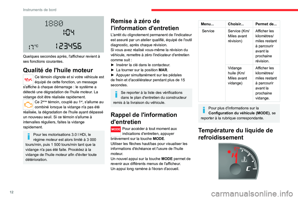 CITROEN JUMPER 2020  Notices Demploi (in French) 12
Instruments de bord
 
Quelques secondes après, l'afficheur revient à 
ses fonctions courantes.
Qualité de l'huile moteur
Ce témoin clignote et si votre véhicule est 
équipé de cette 