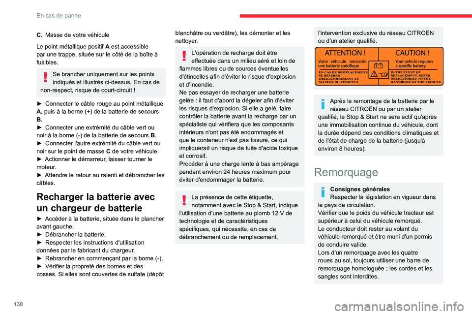 CITROEN JUMPER 2020  Notices Demploi (in French) 130
En cas de panne
C.Masse de votre véhicule
Le point métallique positif  A est accessible 
par une trappe, située sur le côté de la boîte à 
fusibles.
Se brancher uniquement sur les points 
i