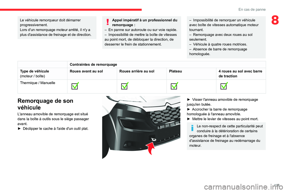 CITROEN JUMPER 2020  Notices Demploi (in French) 131
En cas de panne
8Le véhicule remorqueur doit démarrer 
progressivement.
Lors d'un remorquage moteur arrêté, il n'y a 
plus d'assistance de freinage et de direction.Appel impératif