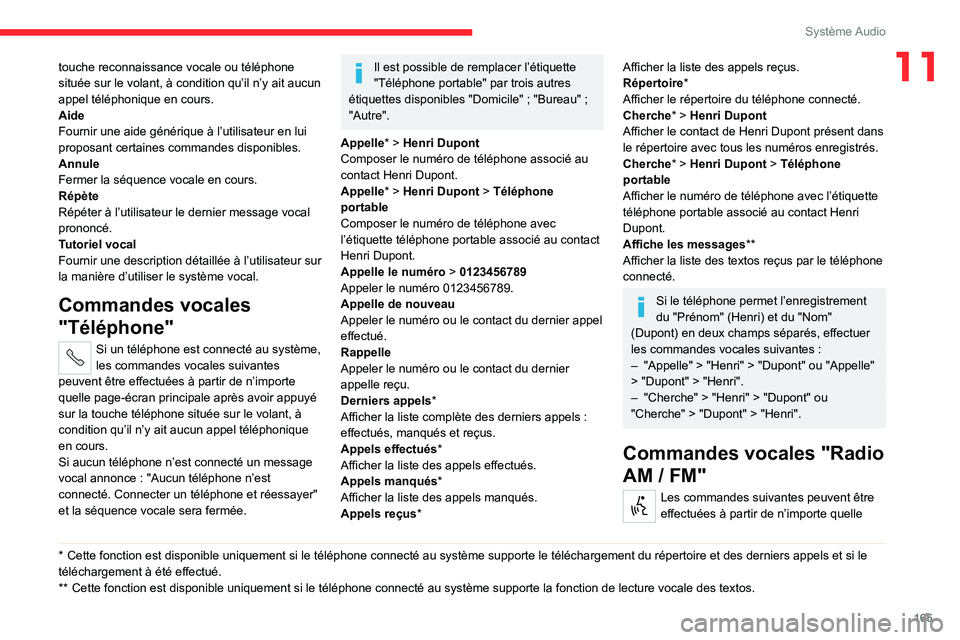 CITROEN JUMPER 2020 Notices Demploi (in French) 165
Système Audio
11touche reconnaissance vocale ou téléphone
située sur le volant, à condition qu’il n’y ait aucun
appel téléphonique en cours.
Aide
Fournir une aide générique à l’u CITROEN JUMPER 2020 Notices Demploi (in French) 165
Système Audio
11touche reconnaissance vocale ou téléphone
située sur le volant, à condition qu’il n’y ait aucun
appel téléphonique en cours.
Aide
Fournir une aide générique à l’u