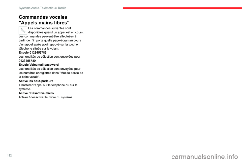 CITROEN JUMPER 2020 Notices Demploi (in French) 182
Système Audio-Télématique Tactile
Commandes vocales
"Appels mains libres"
Les commandes suivantes sont
disponibles quand un appel est en cours.
Les commandes peuvent être effectuées CITROEN JUMPER 2020 Notices Demploi (in French) 182
Système Audio-Télématique Tactile
Commandes vocales
"Appels mains libres"
Les commandes suivantes sont
disponibles quand un appel est en cours.
Les commandes peuvent être effectuées