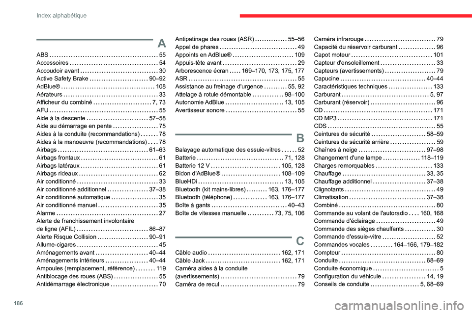 CITROEN JUMPER 2020  Notices Demploi (in French) 186
Index alphabétique
A
ABS   55
Accessoires    54
Accoudoir avant     30
Active Safety Brake    90–92
AdBlue®    108
Aérateurs    33
Afficheur du combiné    7, 73
AFU    55
Aide à la descente