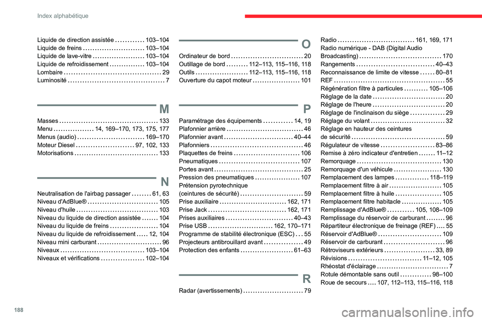 CITROEN JUMPER 2020  Notices Demploi (in French) 188
Index alphabétique
Liquide de direction assistée   103–104
Liquide de freins     103–104
Liquide de lave-vitre    103–104
Liquide de refroidissement    103–104
Lombaire     29
Luminosit�