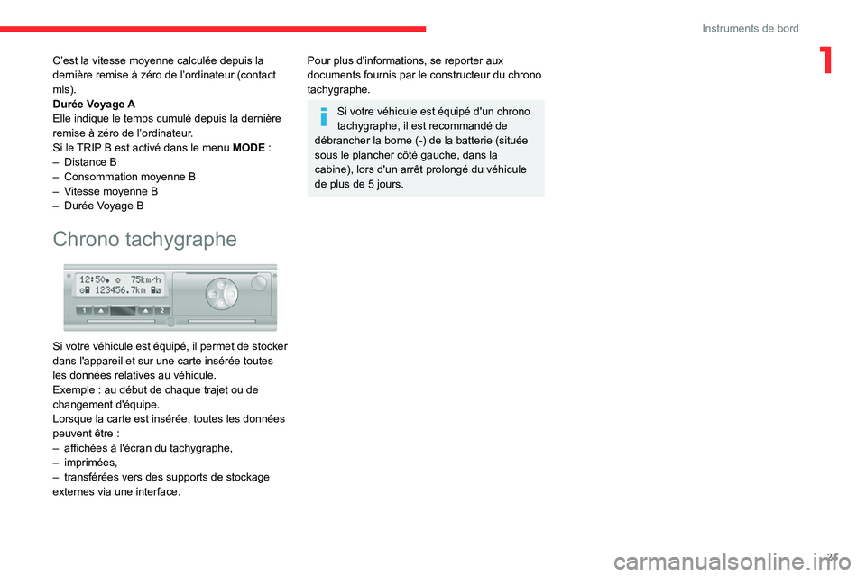 CITROEN JUMPER 2020  Notices Demploi (in French) 21
Instruments de bord
1C’est la vitesse moyenne calculée depuis la 
dernière remise à zéro de l’ordinateur (contact 
mis).
Durée Voyage A
Elle indique le temps cumulé depuis la dernière 
r