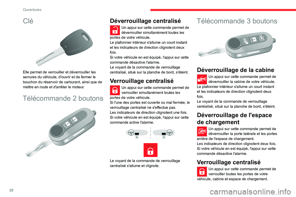 CITROEN JUMPER 2020  Notices Demploi (in French) 22
Ouvertures
Clé 
 
Elle permet de verrouiller et déverrouiller les 
serrures du véhicule, d'ouvrir et de fermer le 
bouchon du réservoir de carburant, ainsi que de 
mettre en route et d'