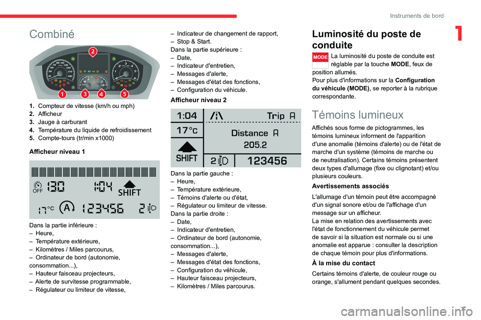 CITROEN JUMPER 2020  Notices Demploi (in French) 7
Instruments de bord
1Combiné 
 
1.Compteur de vitesse (km/h ou mph)
2. Afficheur
3. Jauge à carburant
4. Température du liquide de refroidissement
5. Compte-tours (tr/min x1000)
Afficheur niveau 