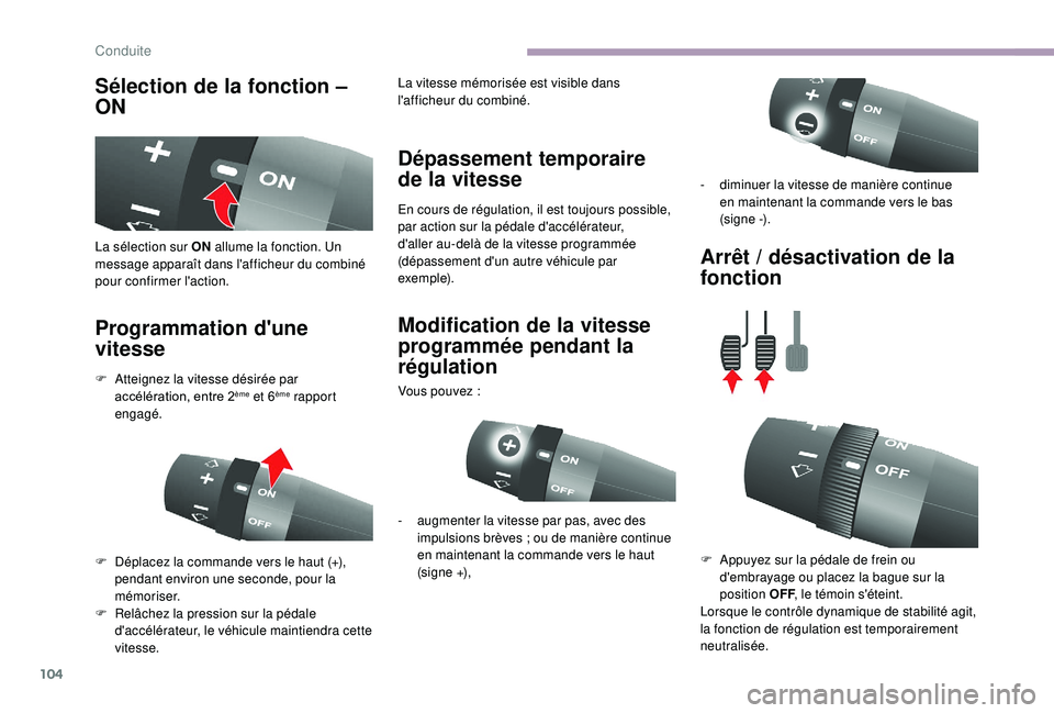 CITROEN JUMPER 2019 Notices Demploi (in French) 104
Sélection de la fonction –
ON
Programmation d'une
vitesse Dépassement temporaire
de la vitesse
En cours de régulation, il est toujours possible,
par action sur la pédale d'accél CITROEN JUMPER 2019 Notices Demploi (in French) 104
Sélection de la fonction –
ON
Programmation d'une
vitesse Dépassement temporaire
de la vitesse
En cours de régulation, il est toujours possible,
par action sur la pédale d'accél