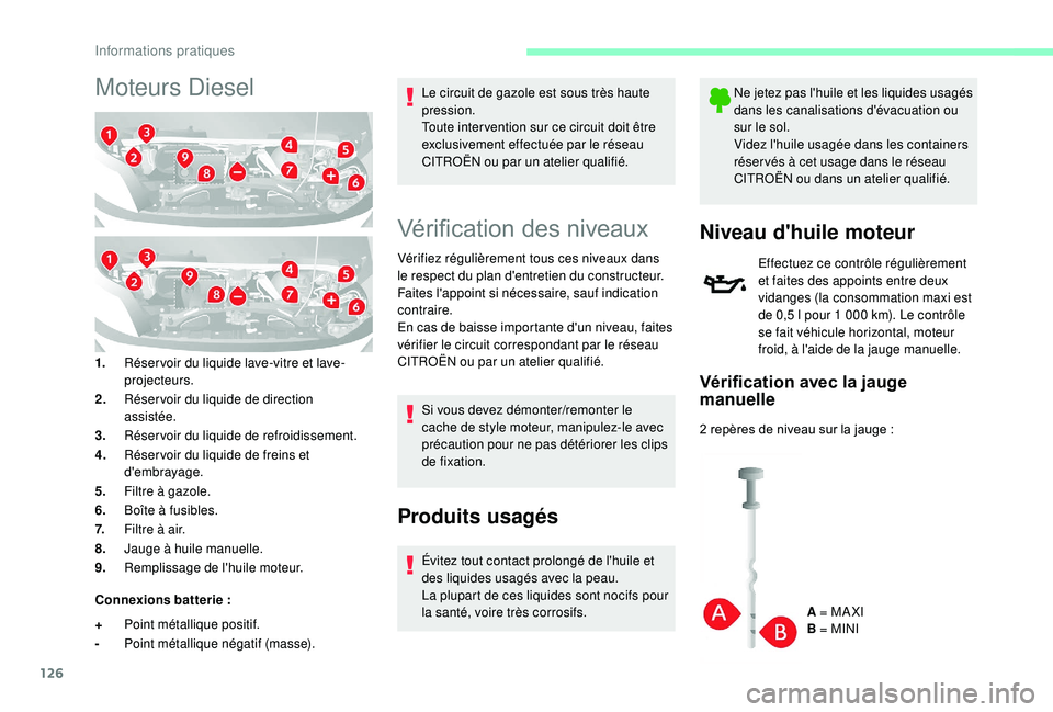 CITROEN JUMPER 2019  Notices Demploi (in French) 126
Moteurs Diesel
1.Réser voir du liquide lave-vitre et lave-
projecteurs.
2. Réser voir du liquide de direction 
assistée.
3. Réservoir du liquide de refroidissement.
4. Réser voir du liquide d
