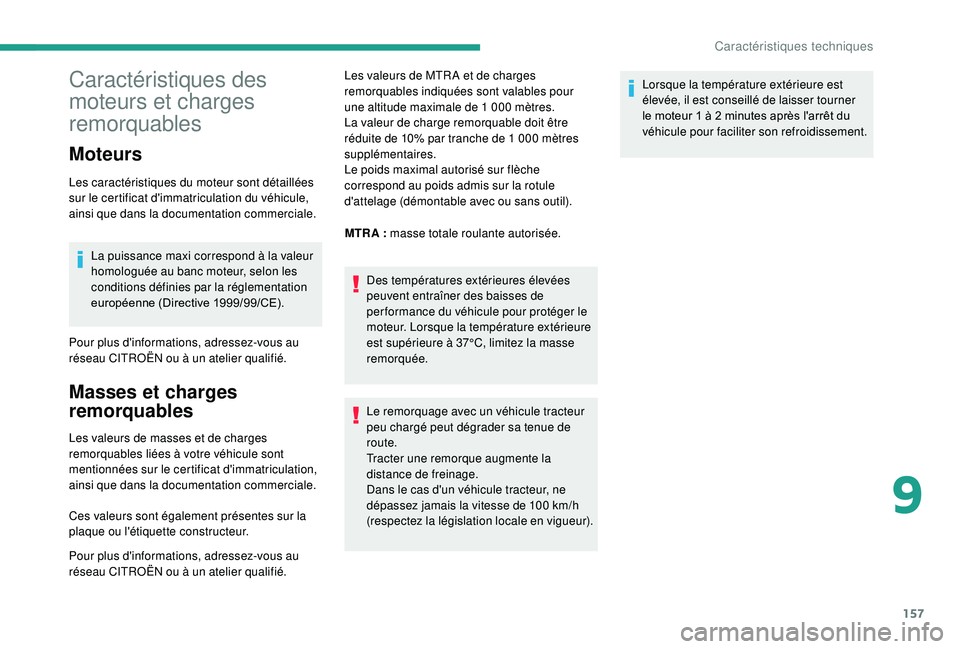 CITROEN JUMPER 2019  Notices Demploi (in French) 157
Caractéristiques des 
moteurs et charges 
remorquables
Moteurs
Les caractéristiques du moteur sont détaillées 
sur le certificat d'immatriculation du véhicule, 
ainsi que dans la document