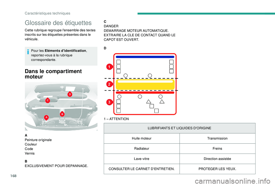 CITROEN JUMPER 2019  Notices Demploi (in French) 168
Glossaire des étiquettes
Cette rubrique regroupe l'ensemble des textes 
inscrits sur les étiquettes présentes dans le 
véhicule.Pour les Eléments d'identification , 
reportez-vous à 