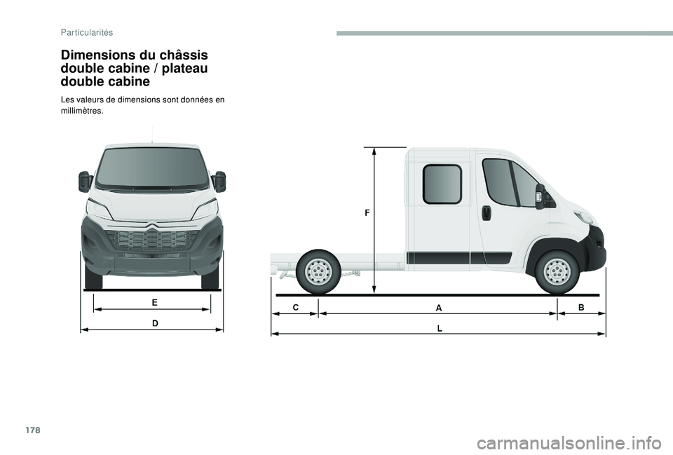 CITROEN JUMPER 2019  Notices Demploi (in French) 178
Dimensions du châssis 
double cabine  / plateau 
double cabine
Les valeurs de dimensions sont données en 
millimètres. 
Particularités  