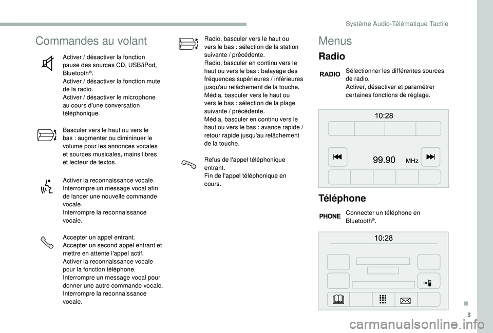 CITROEN JUMPER 2019  Notices Demploi (in French) 3
Commandes au volant
Activer / désactiver la fonction 
pause des sources CD, USB/iPod, 
Bluetooth
®.
Activer
 
/ désactiver la fonction mute 
de la radio.
Activer
 
/ désactiver le microphone 
au