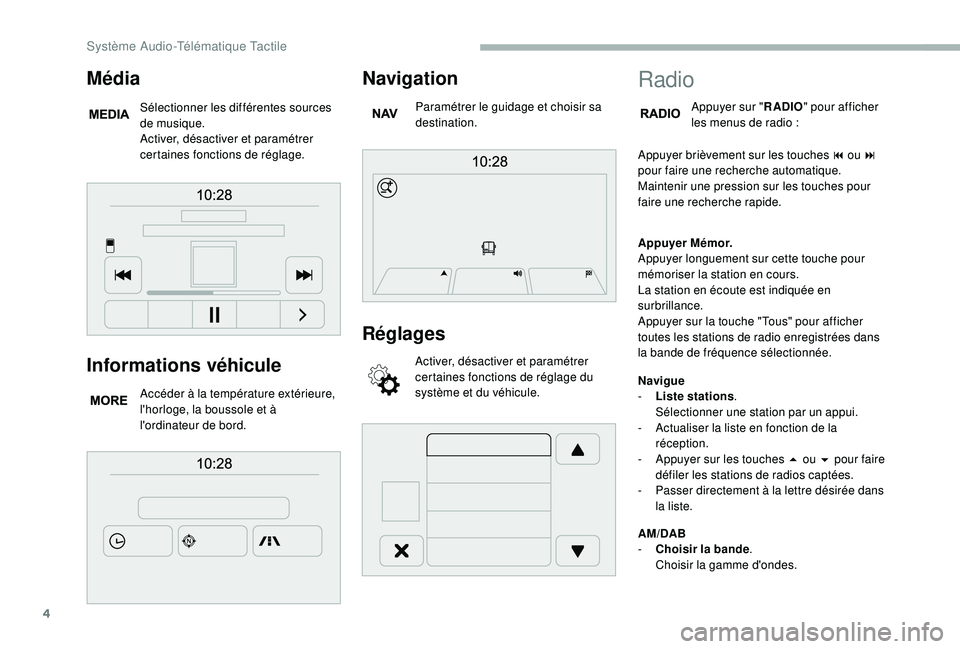 CITROEN JUMPER 2019  Notices Demploi (in French) 4
Informations véhicule
Accéder à la température extérieure, 
l'horloge, la boussole et à 
l'ordinateur de bord.
Navigation
Paramétrer le guidage et choisir sa 
destination.
Réglages
A