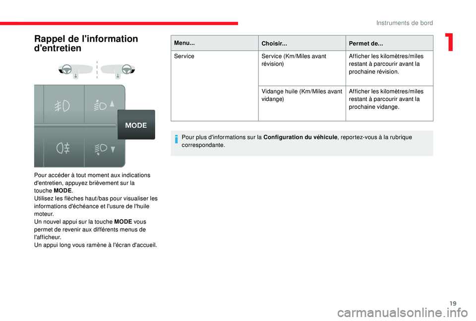 CITROEN JUMPER 2019  Notices Demploi (in French) 19
Rappel de l'information 
d'entretien
Pour accéder à tout moment aux indications 
d'entretien, appuyez brièvement sur la 
touche
 
MODE.
Utilisez les flèches haut /bas pour visualise