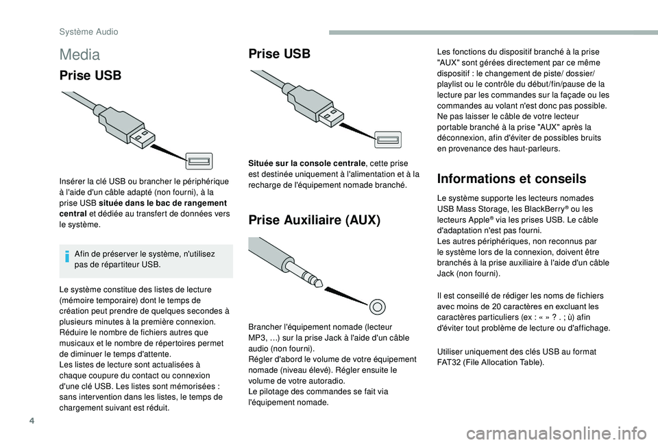 CITROEN JUMPER 2019 Notices Demploi (in French) 4
Media
Prise USB
Insérer la clé USB ou brancher le périphérique
à l'aide d'un câble adapté (non fourni), à la
prise USB située dans le bac de rangement
central et dédiée au tr CITROEN JUMPER 2019 Notices Demploi (in French) 4
Media
Prise USB
Insérer la clé USB ou brancher le périphérique
à l'aide d'un câble adapté (non fourni), à la
prise USB située dans le bac de rangement
central et dédiée au tr